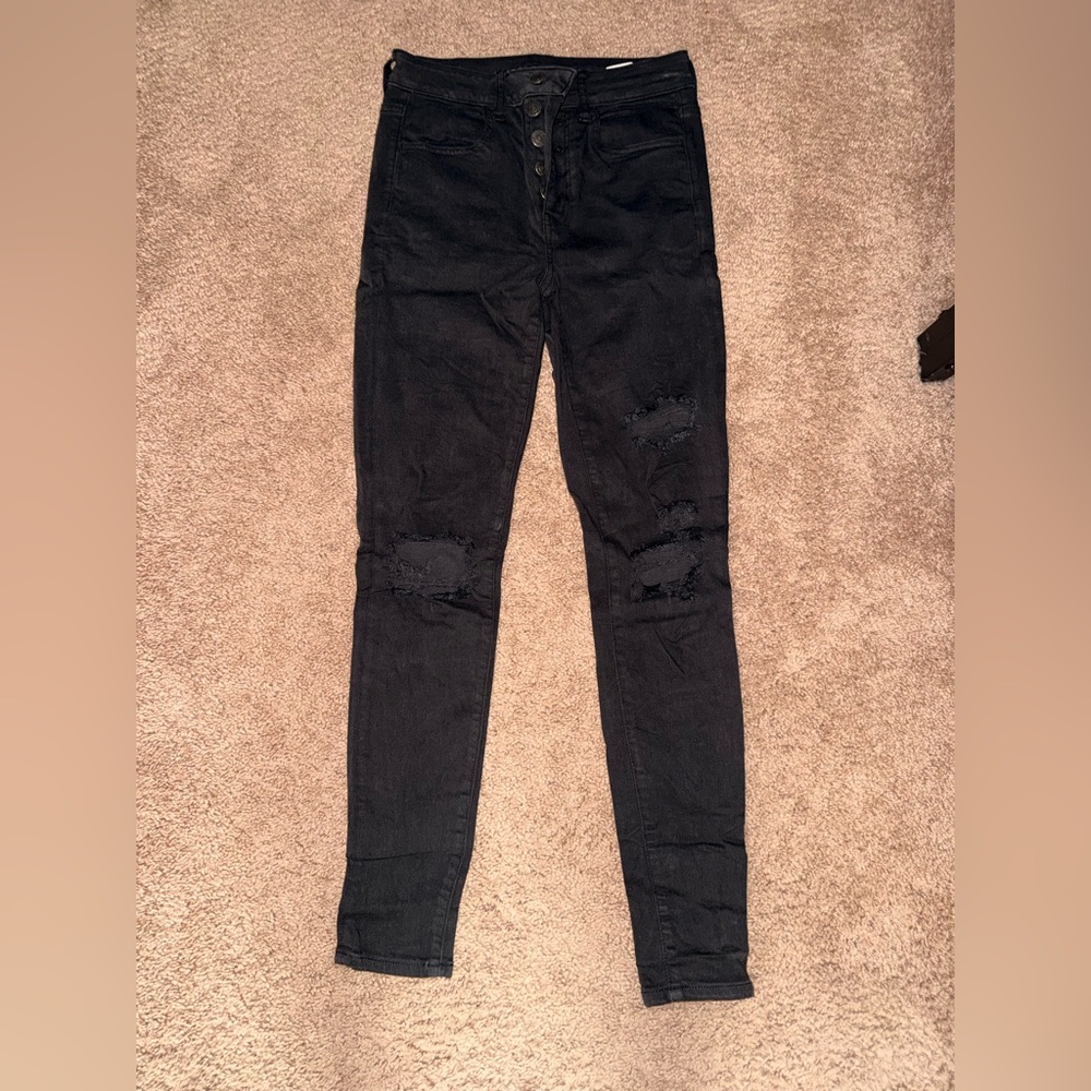 American Eagle Outfitters Black Distressed High-Rise Skinny Jeans